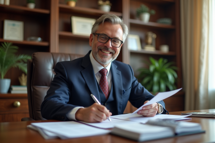 Homme d'âge moyen en costume bleu dans un bureau élégant
