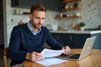 Homme d'âge moyen examinant un formulaire d'impots 2044