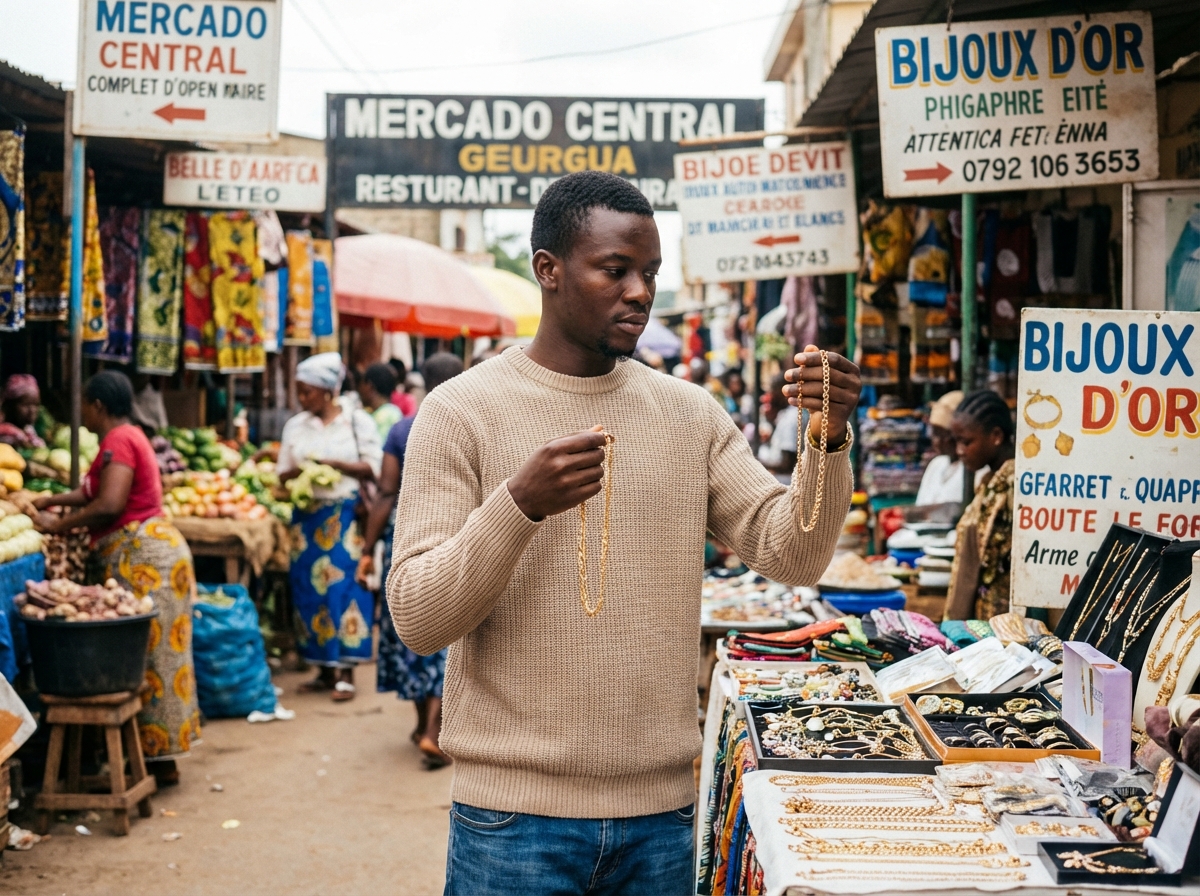 Jeune homme africain comparant des colliers en or au marché