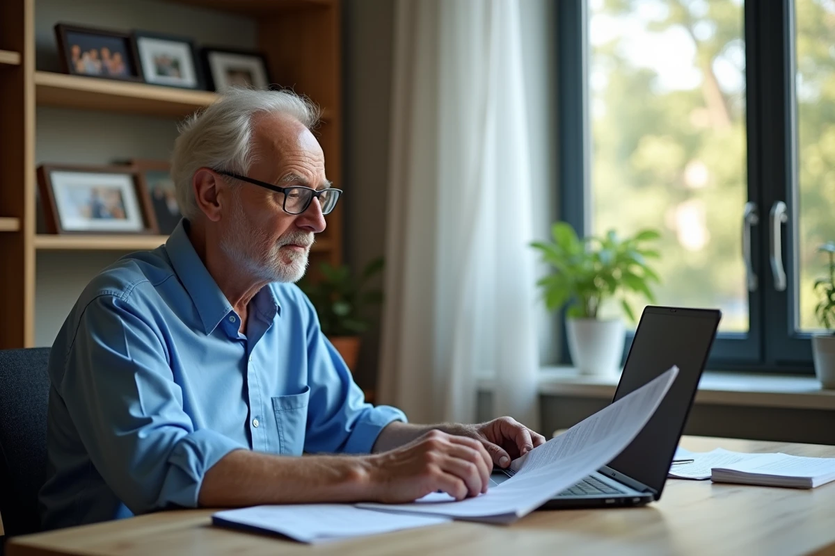 Homme retraité travaille sur son ordinateur dans un bureau