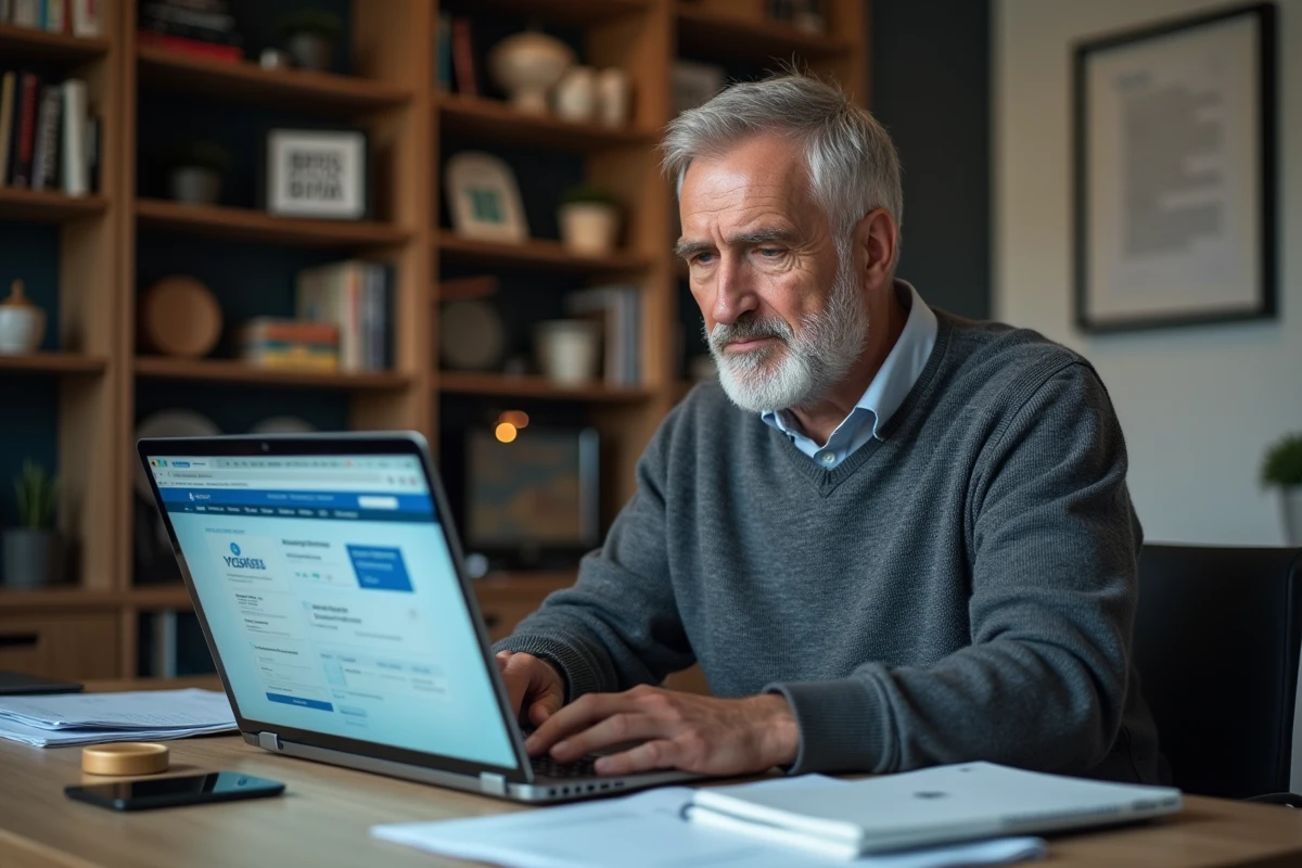 Homme retraité vérifiant le calendrier de versement de sa pension invalidité sur un site bancaire en ligne