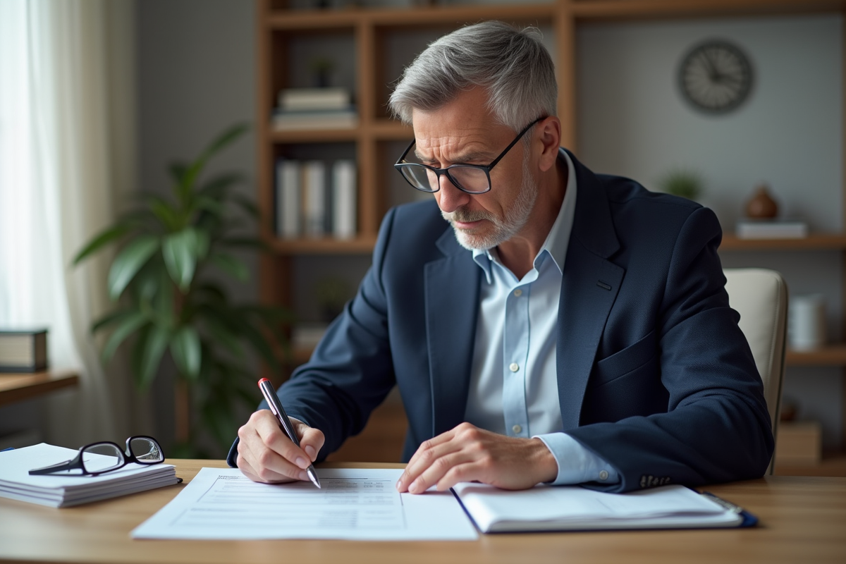 Homme d'âge moyen en blazer bleu examine un document financier