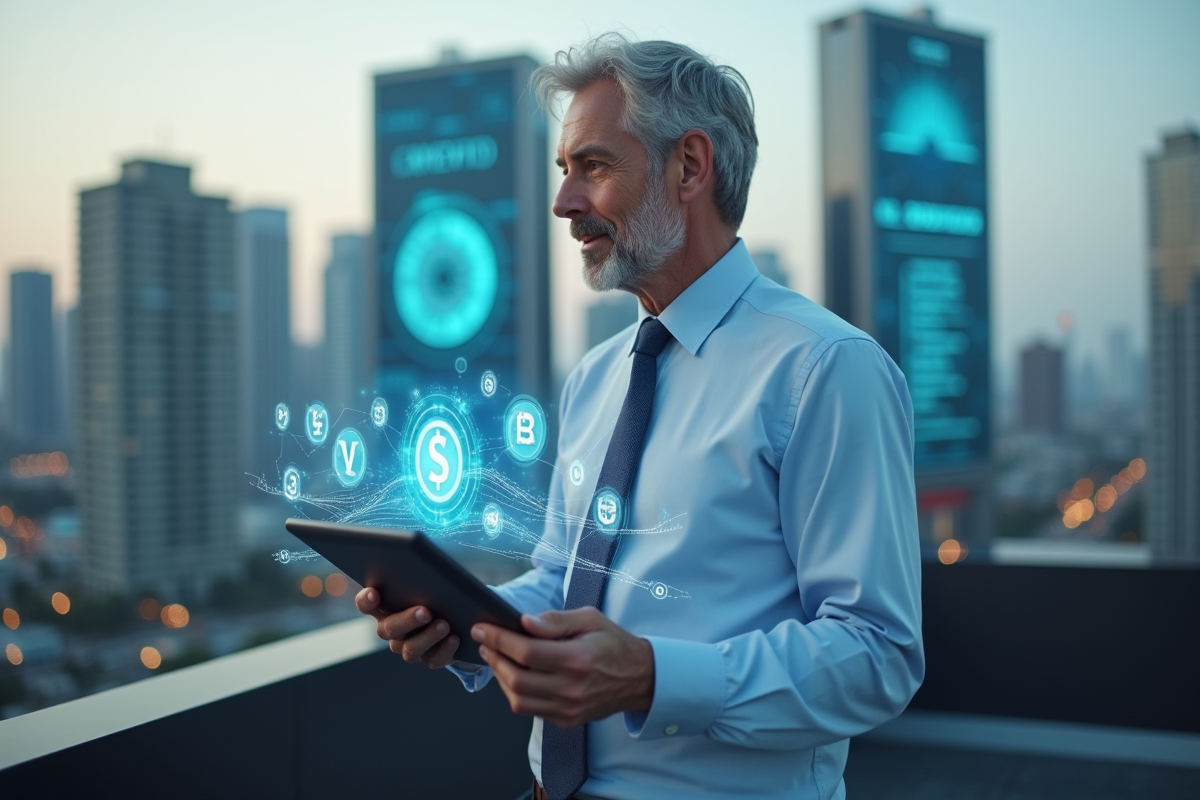 Homme regarde ville futuriste avec crypto sur tablette en extérieur
