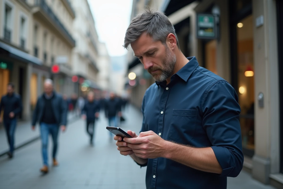 Homme utilisant le site LCL sur mobile dans la rue en milieu urbain