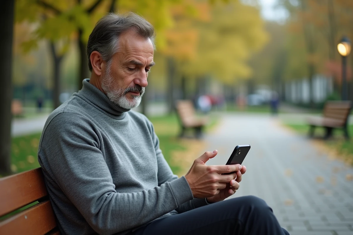 Homme utilisant son smartphone dans un parc urbain