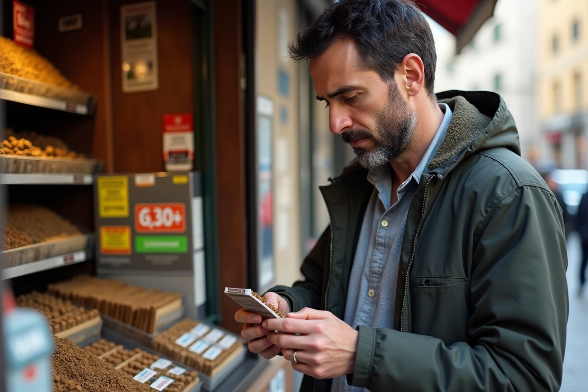 Homme examine un paquet de tabac à la frontière espagnole