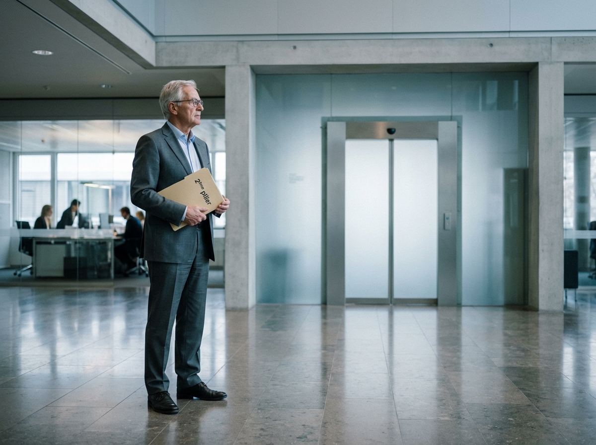 Homme suisse dans une banque avec dossier pension