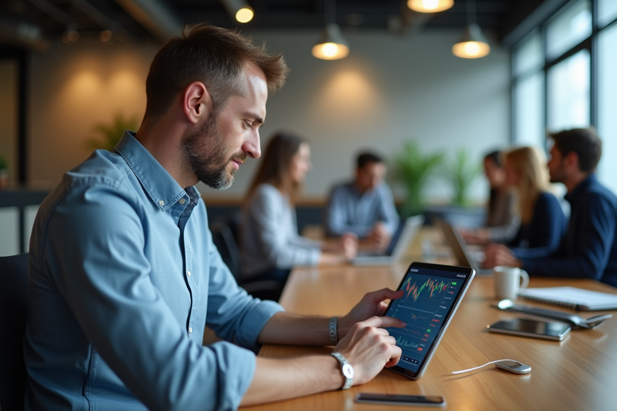 Homme d age moyen analysant une plateforme de trading en coworking