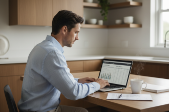 Homme d'une quarantaine d'années travaillant à la maison