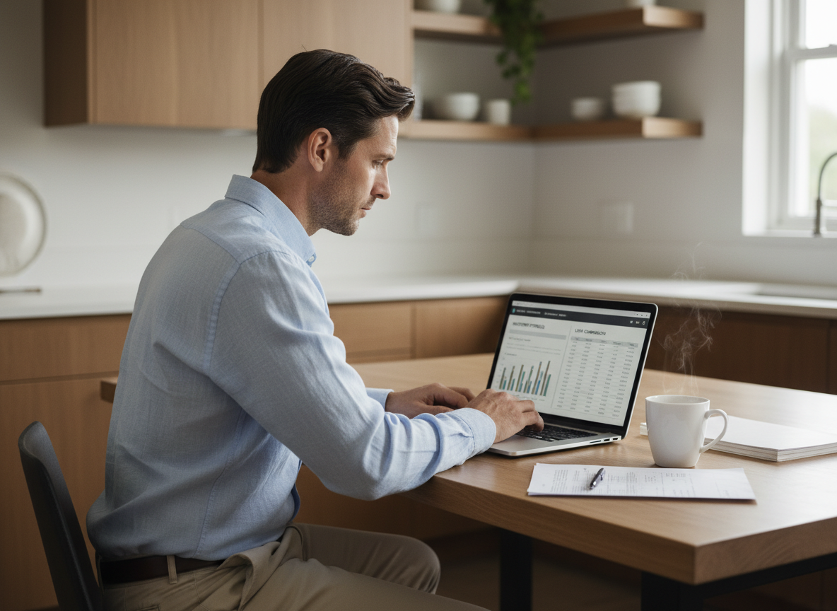 Homme d'une quarantaine d'années travaillant à la maison