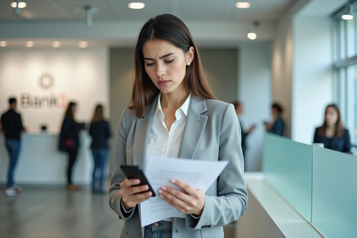 Femme tenant un formulaire papier dans une agence bancaire Casden tout en consultant une application de banque en ligne