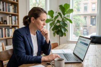 Indépendante consultant sa mutuelle santé sur son ordinateur portable dans un bureau à domicile moderne