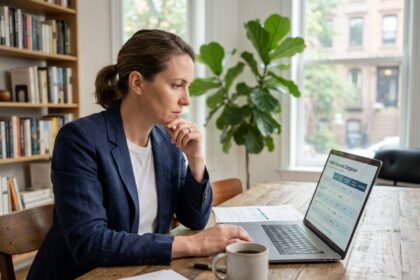 Indépendante consultant sa mutuelle santé sur son ordinateur portable dans un bureau à domicile moderne