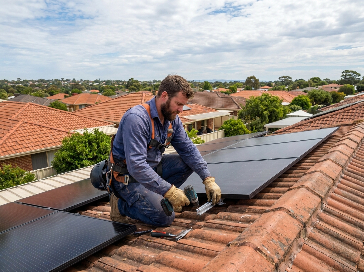 Technicien installant des panneaux solaires sur le toit d'une maison individuelle en France