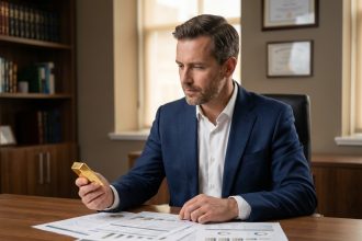 Homme en costume analysant des documents financiers avec un lingot d'or sur un bureau en bois dans un bureau bancaire moderne