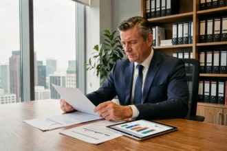 Investisseur analysant des documents de parts de SCPI dans un bureau professionnel moderne