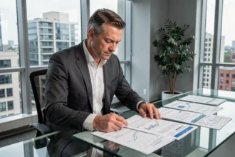 Investisseur analysant des documents financiers liés à une SCPI dans un bureau moderne