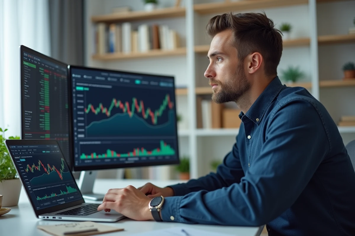 Investisseur particulier analysant des ETF sur Boursorama depuis son bureau à domicile