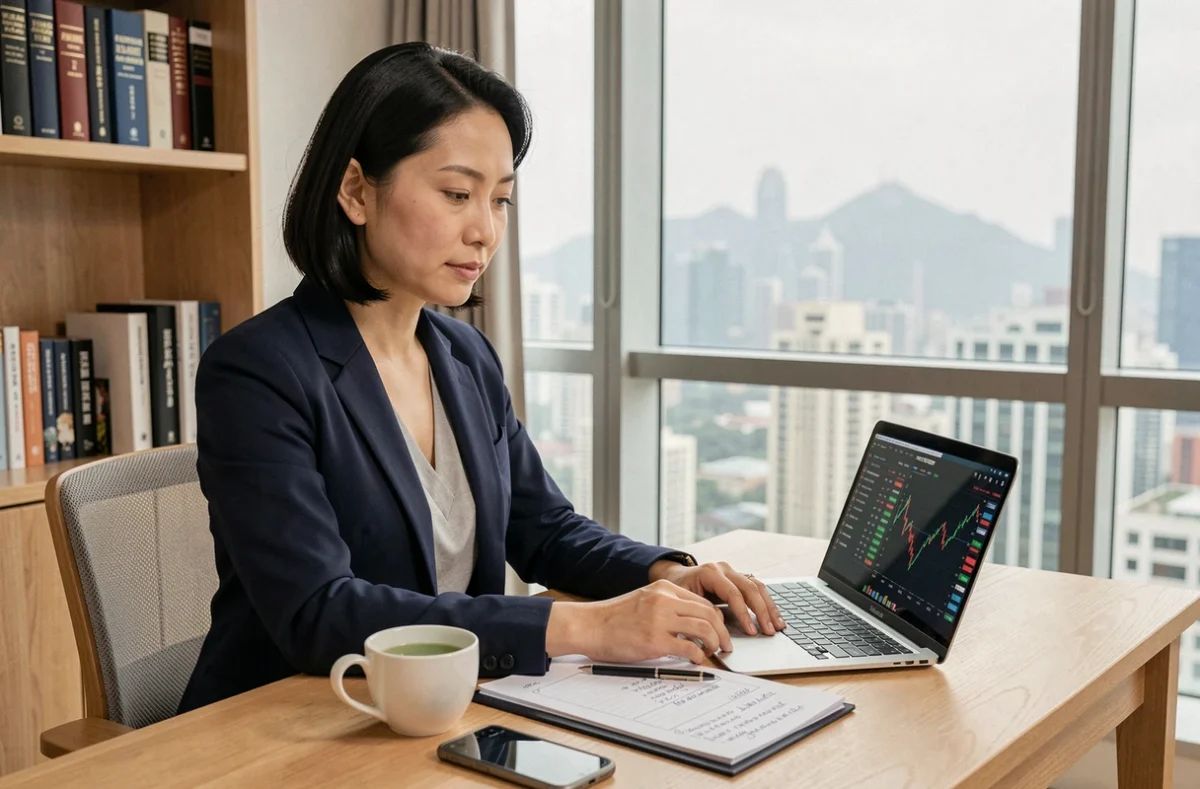 Investisseuse professionnelle préparant ses ordres boursiers sur les marchés asiatiques depuis son bureau à domicile à Hong Kong avec checklist et tableau de bord financier