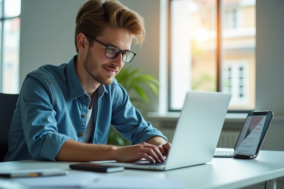 Jeune adulte utilisant la banque en ligne sur un ordinateur moderne