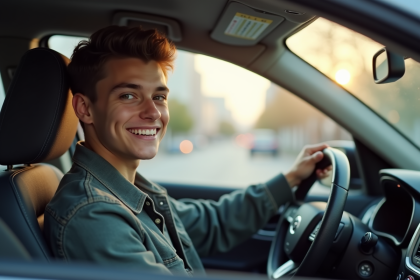 Jeune conducteur souriant dans une voiture compacte en ville