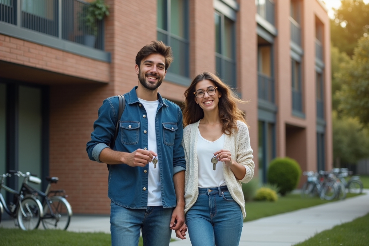 Jeune couple souriant devant leur appartement moderne