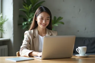 Jeune femme active consultant son compte bancaire en ligne sur un ordinateur portable dans un appartement moderne