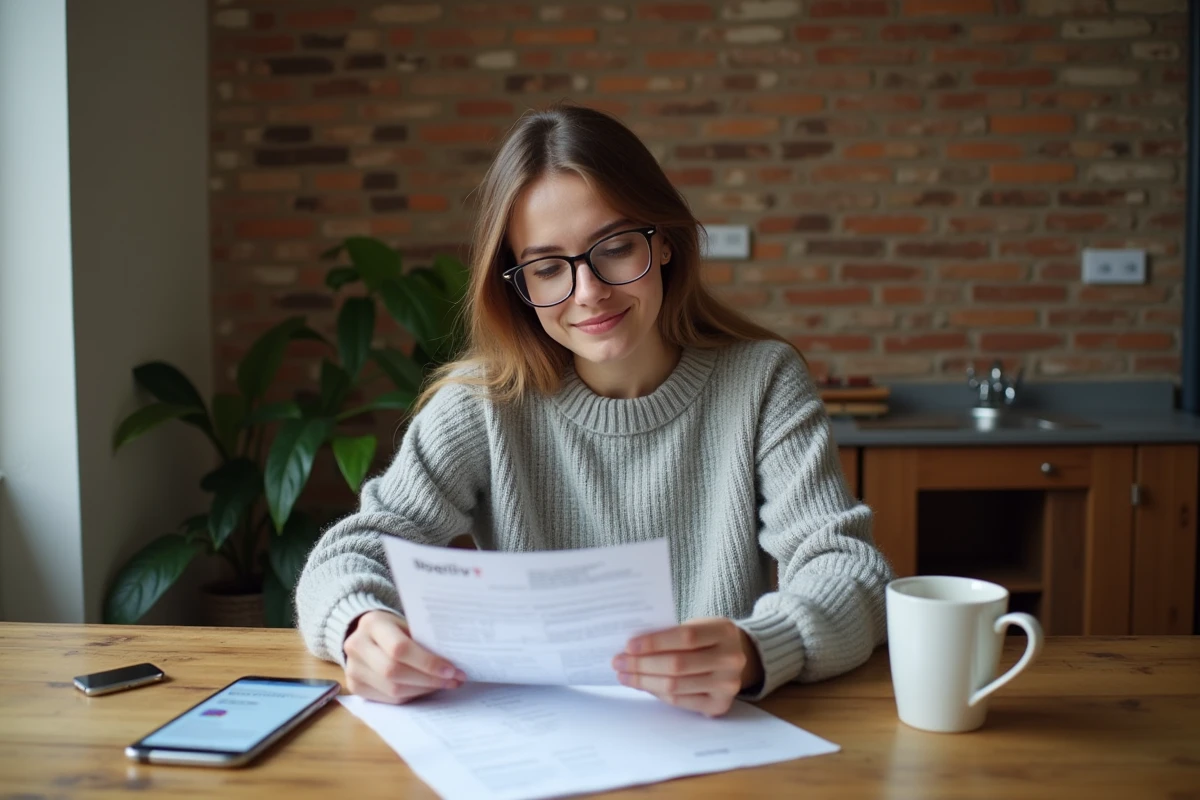Jeune femme consultant sa première quittance de loyer et des documents APL à la table de sa cuisine dans un appartement parisien