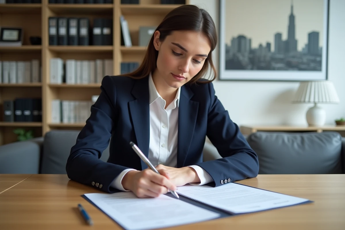 Jeune femme d'affaires examinant un contrat de prêt immobilier