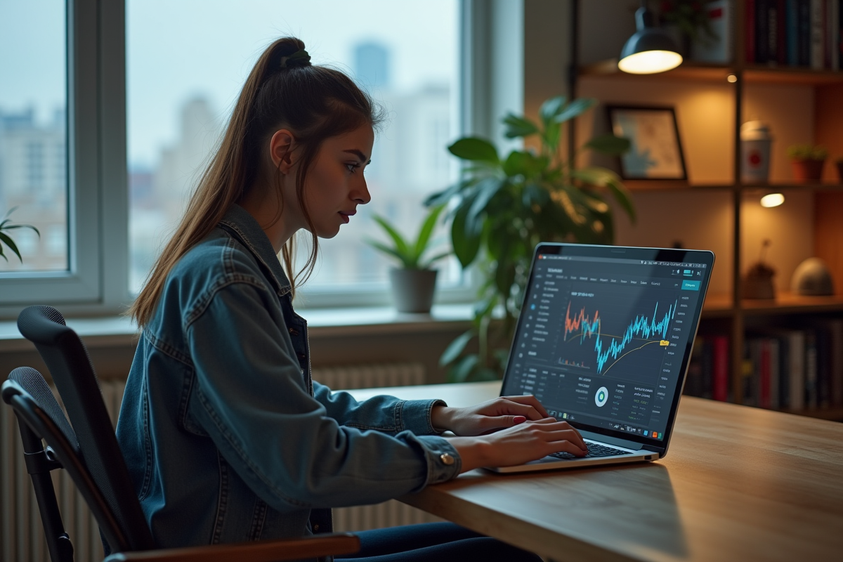 Jeune femme concentrée sur son ordinateur avec graphiques crypto