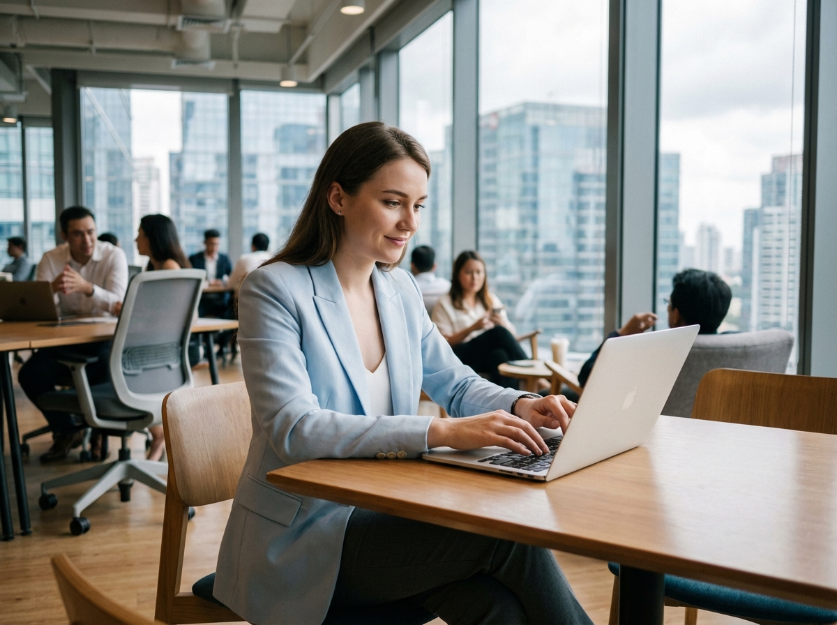 Jeune femme travaillant sur son ordinateur dans un espace coworking