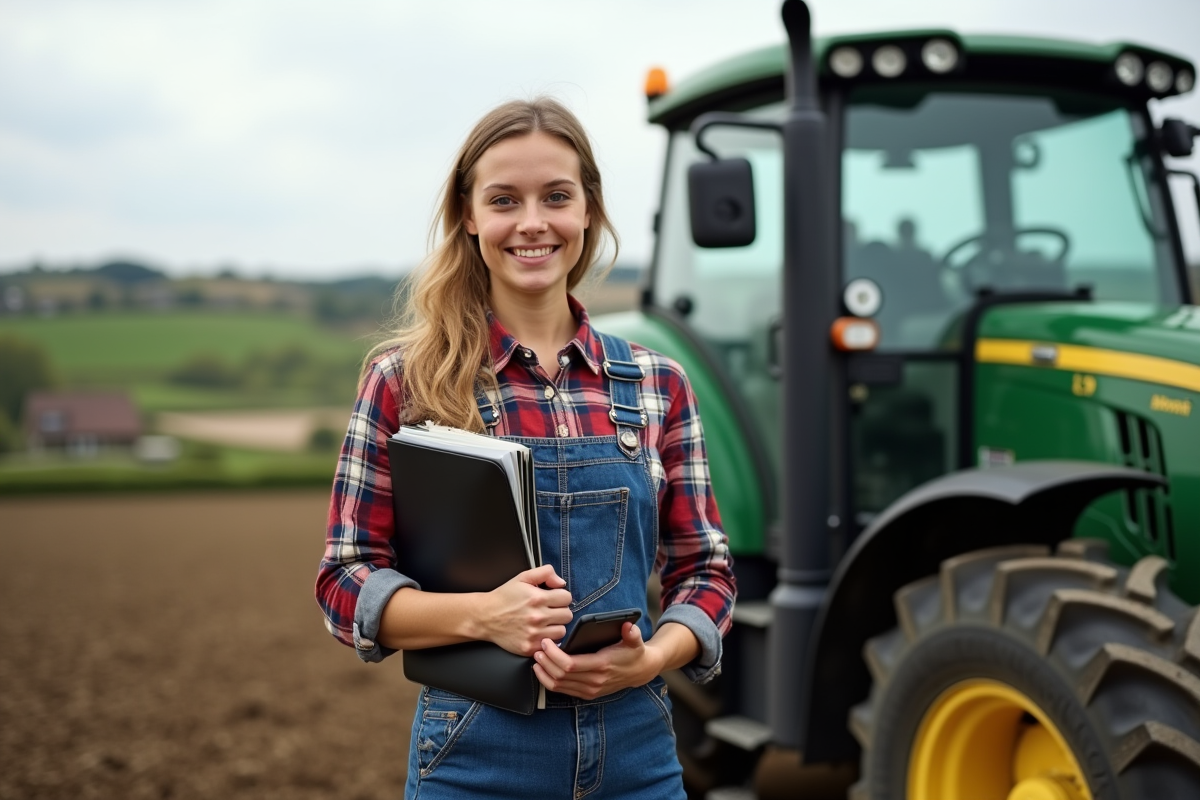 Jeune femme fermière souriante avec un tracteur dans un champ