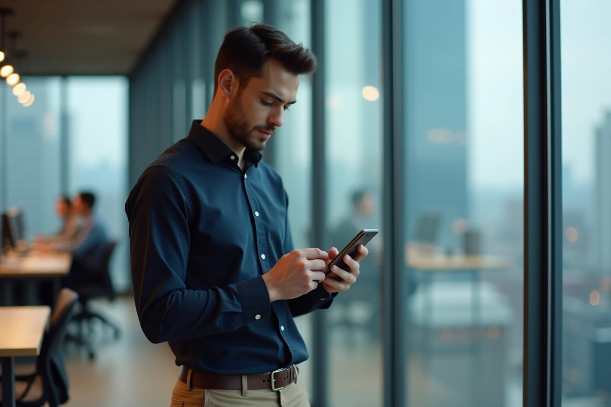 Jeune homme actif utilisant une application bancaire sur smartphone dans un espace de coworking moderne