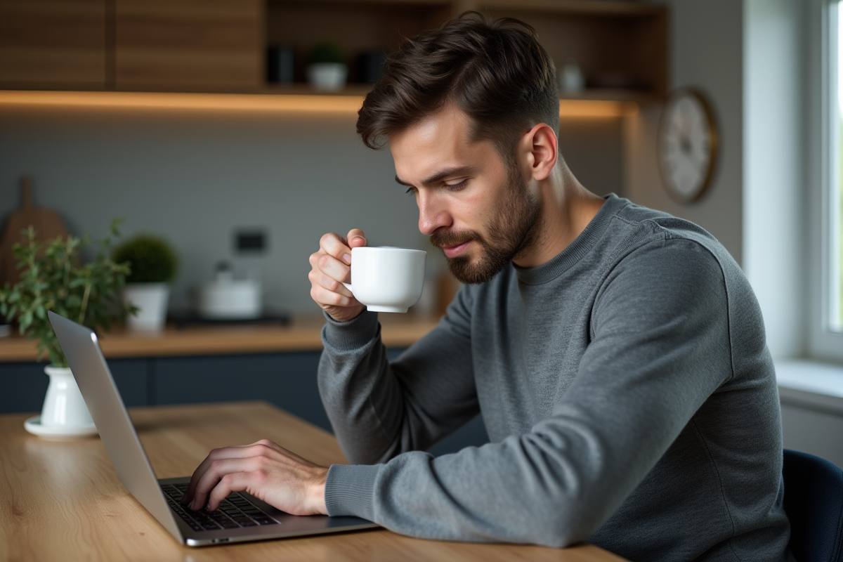 Jeune homme vérifiant le prix du bitcoin sur son ordinateur portable