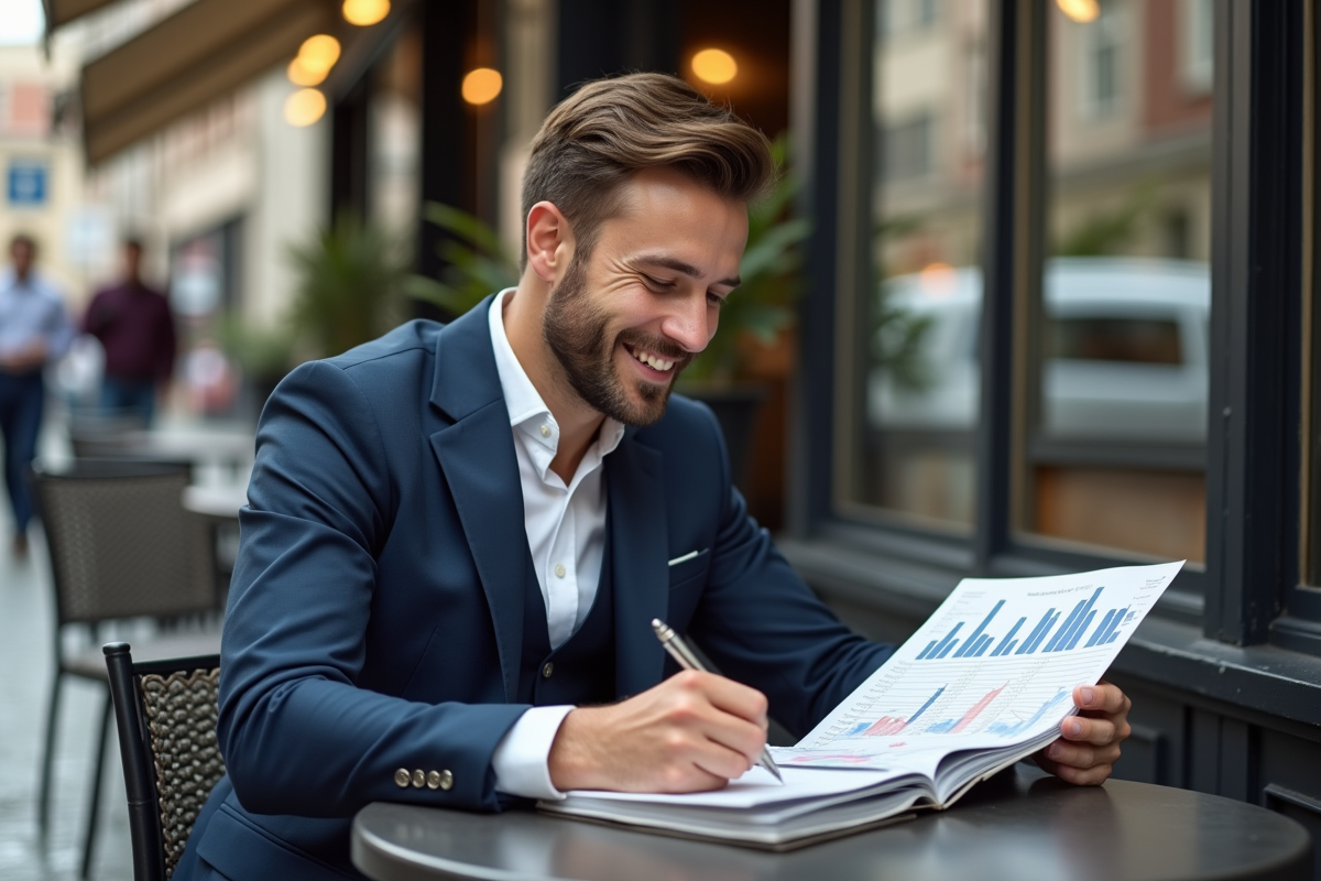 Jeune homme en costume compare brochures pension