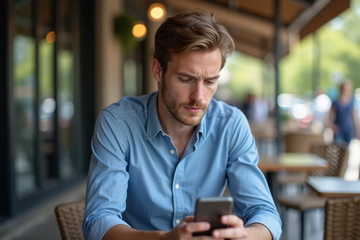 Jeune homme au café utilisant son smartphone