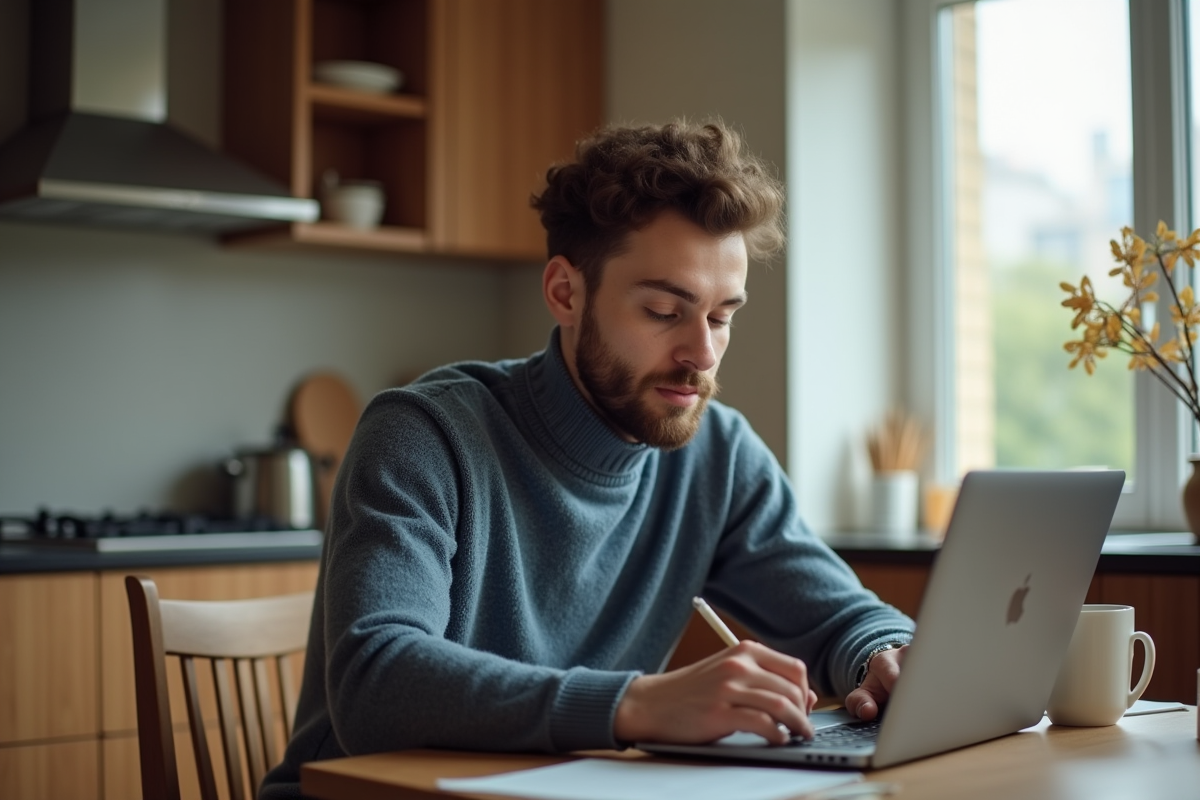 Jeune homme en cuisine utilise son ordinateur portable