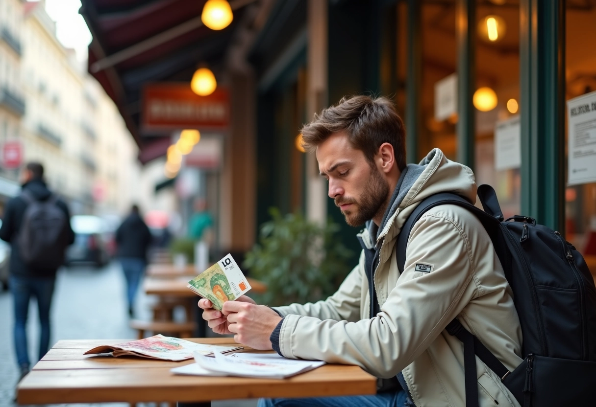 Jeune homme compare des billets de banque en extérieur