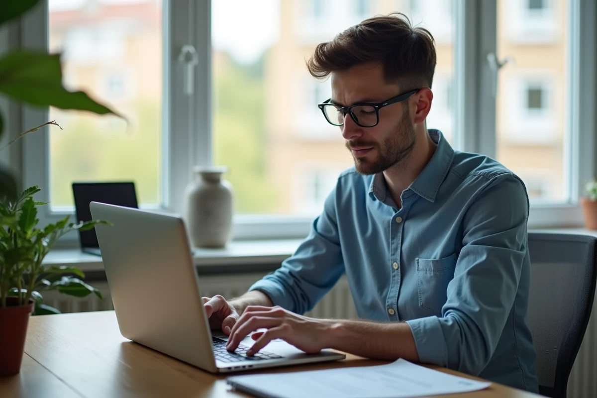 Jeune homme vérifiant sa fiche de paie sur un ordinateur portable à la maison