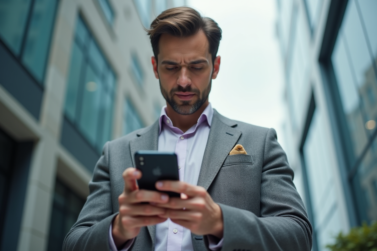 Jeune homme avec smartphone affichant un avertissement financier