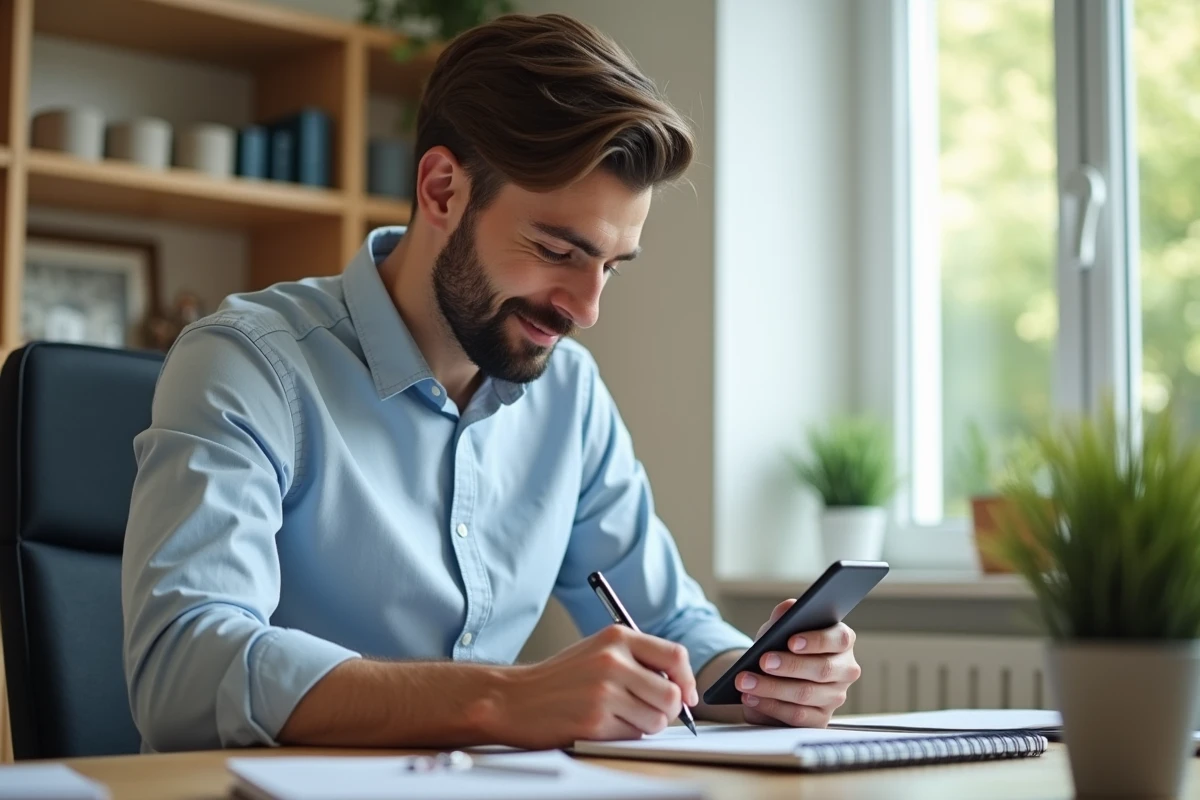 Jeune homme utilisant smartphone dans un bureau à domicile