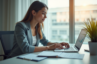 Jeune professionnel calculant son salaire sur un ordinateur dans un bureau lumineux