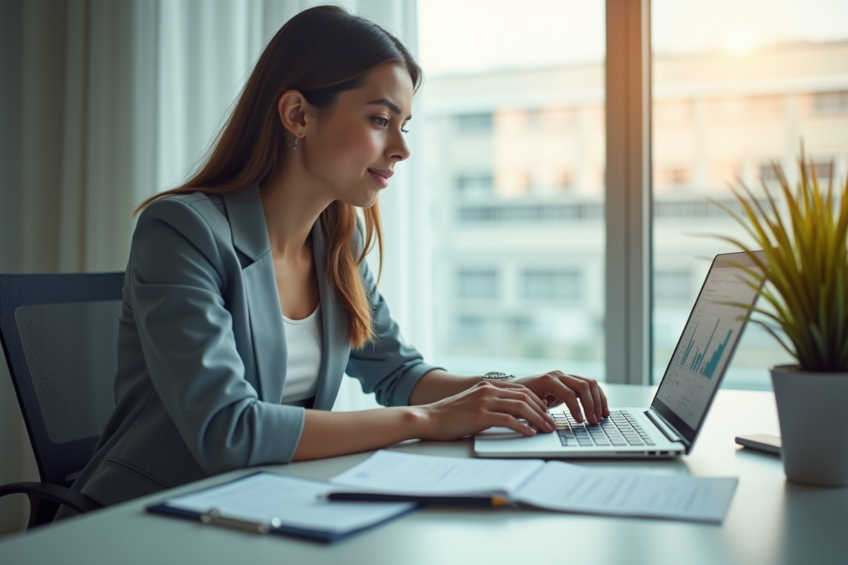 Jeune professionnel calculant son salaire sur un ordinateur dans un bureau lumineux