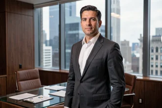 Homme d'affaires en costume gris dans un bureau financier moderne à Manhattan, avec vue sur la skyline urbaine en arrière-plan