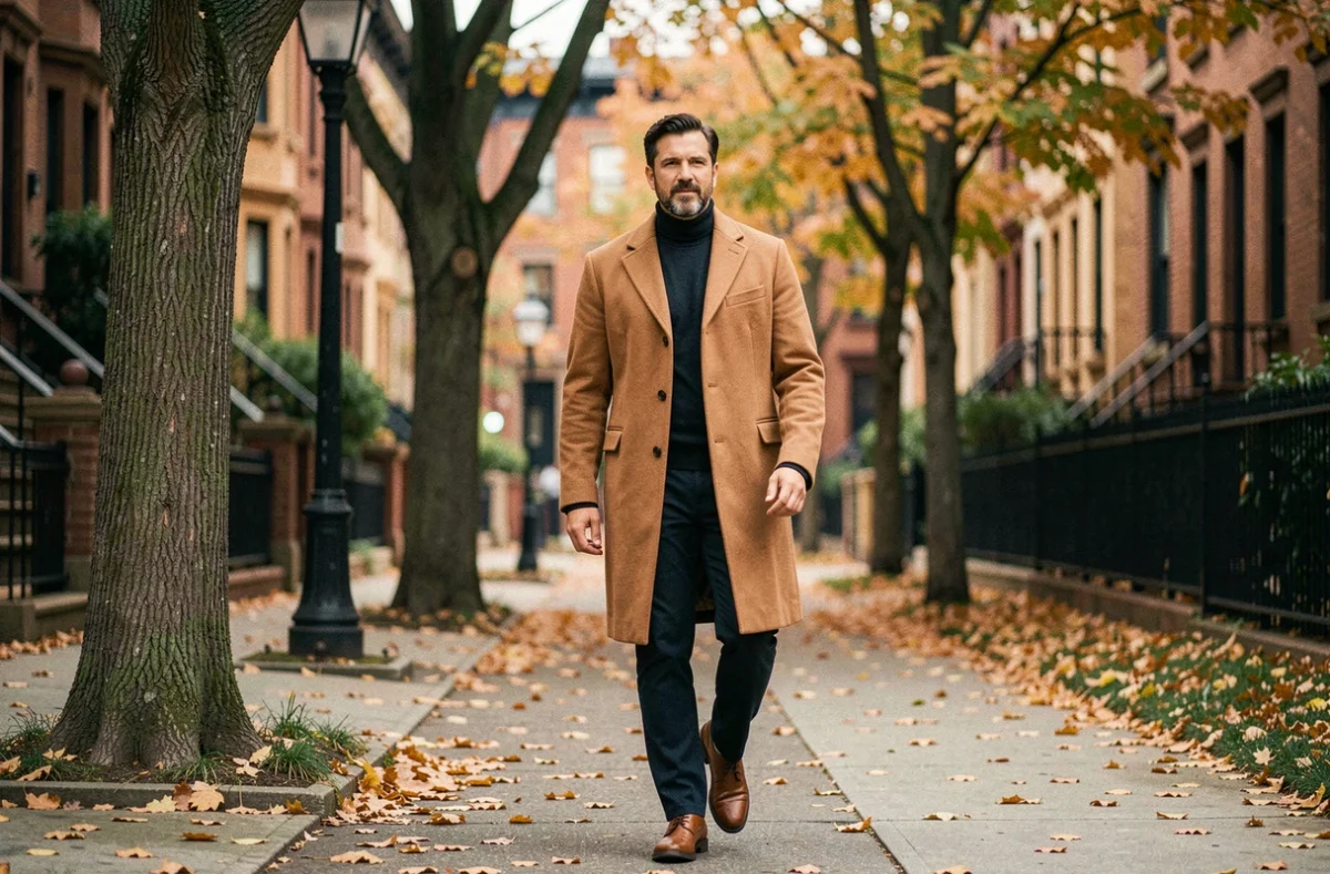 Financier discret marchant sous les arbres dorés d'un quartier résidentiel huppé en automne, loin des projecteurs médiatiques