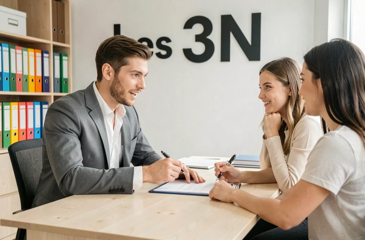 Jeune notaire des Nouveaux Notaires Les 3N expliquant un contrat à un couple dans un bureau moderne