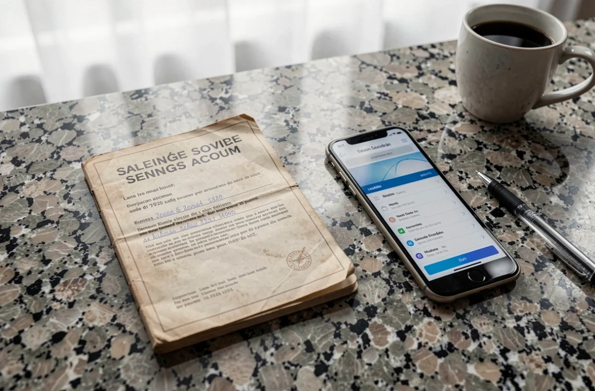 Livret A posé sur un comptoir de cuisine avec un smartphone affichant une application bancaire, symbolisant la gestion d'épargne en 2026