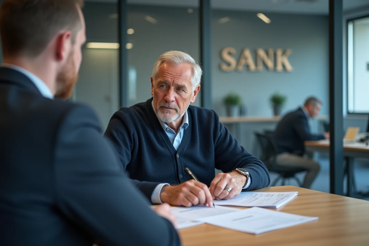 Homme senior en rendez-vous avec un conseiller bancaire pour discuter de son livret d'épargne, dans une agence bancaire moderne en France