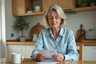 Femme d'une cinquantaine d'années consultant son livret d'épargne à la table de sa cuisine, illustrant la confiance des Français dans l'épargne en 2026
