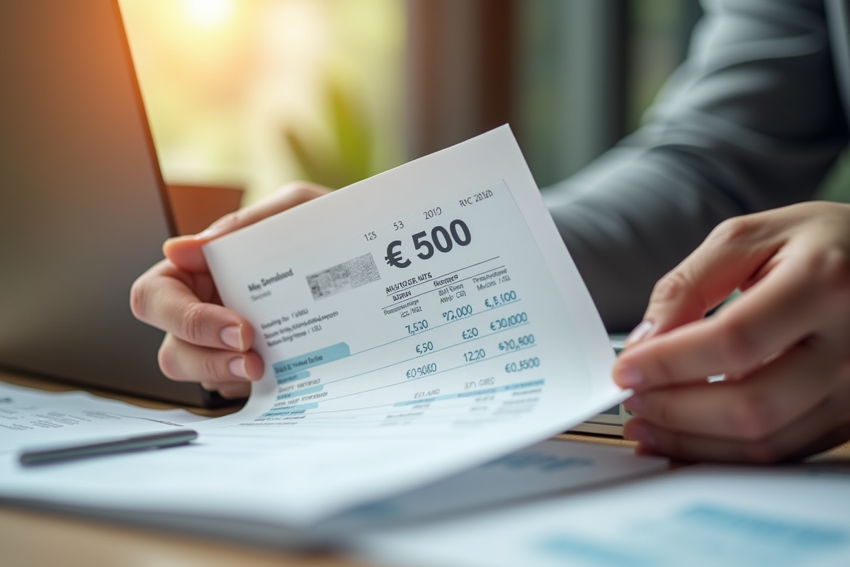 Mains tenant une fiche de paie avec 1500 euros en évidence